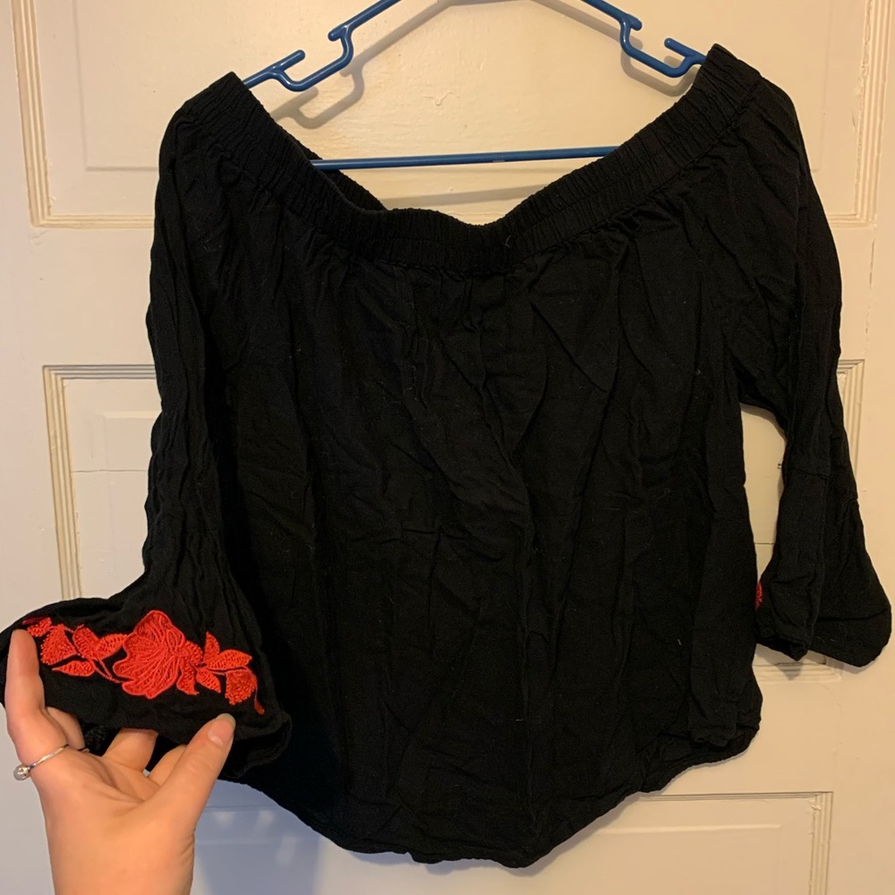 Rose Embroidered Off the Shoulder Linen Top